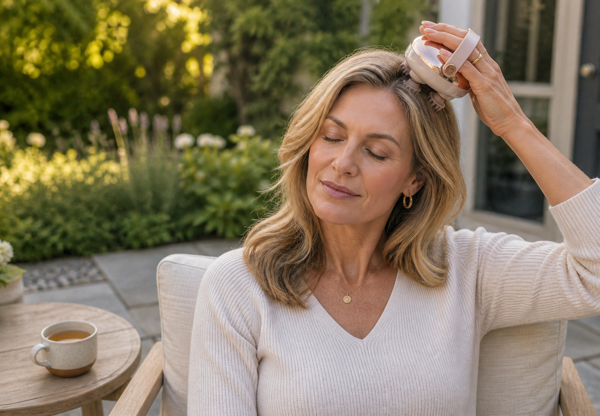 Woman relaxing outdoors with Ruely Scalp Massager