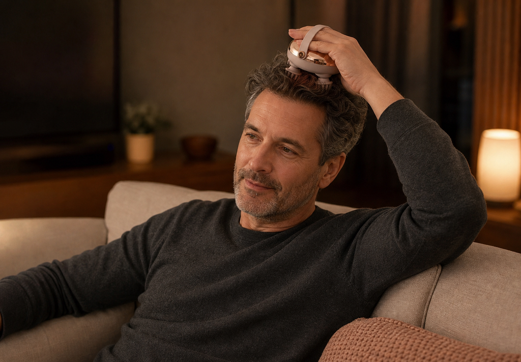 Man relaxing with Ruely Scalp Massager while watching television